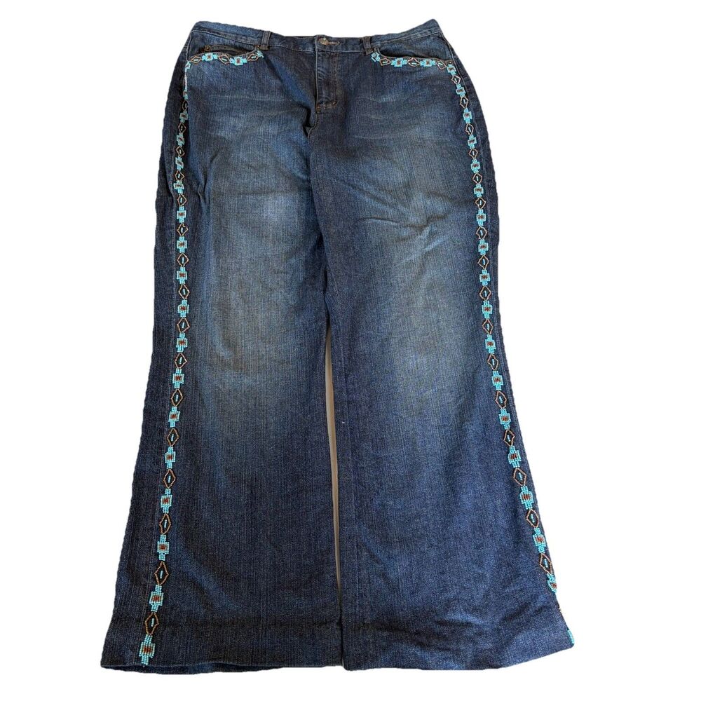 Vintage 90s Ralph Lauren Women Southwest Beaded Jeans Size 14W Turquoise Aztec - Picture 2 of 16